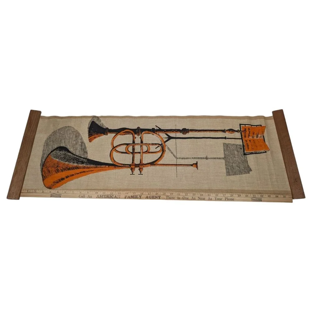 Mid Century Modern Silkscreen Scroll Tapestry Instrument On Linen MCM Horn *READ